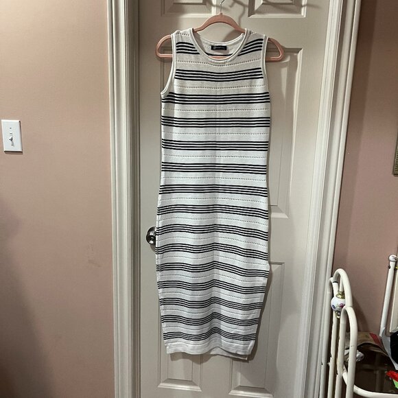 PrettyGarden Black White Striped Knit Pointelle Bodycon Tank Maxi Dress Small - Picture 3 of 11